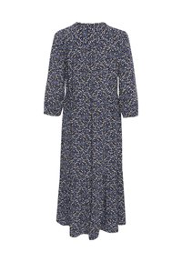 Šaty s květinovým vzorem a dlouhými rukávem v námořnické modři, mají upnutý pas a splývavou sukni, vyrobené z lehké texturované látky.