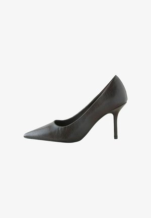 Black textured high heel pump with a pointed toe and a modest cutout, featuring a sleek slender heel for a streamlined silhouette.