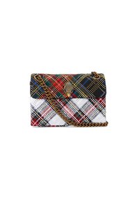 Borsa a tracolla a quadri con tessuti multicolori, tracolla in catena color oro e dettagli decorativi in borchie. Forma rettangolare compatta con chiusura a pattina.