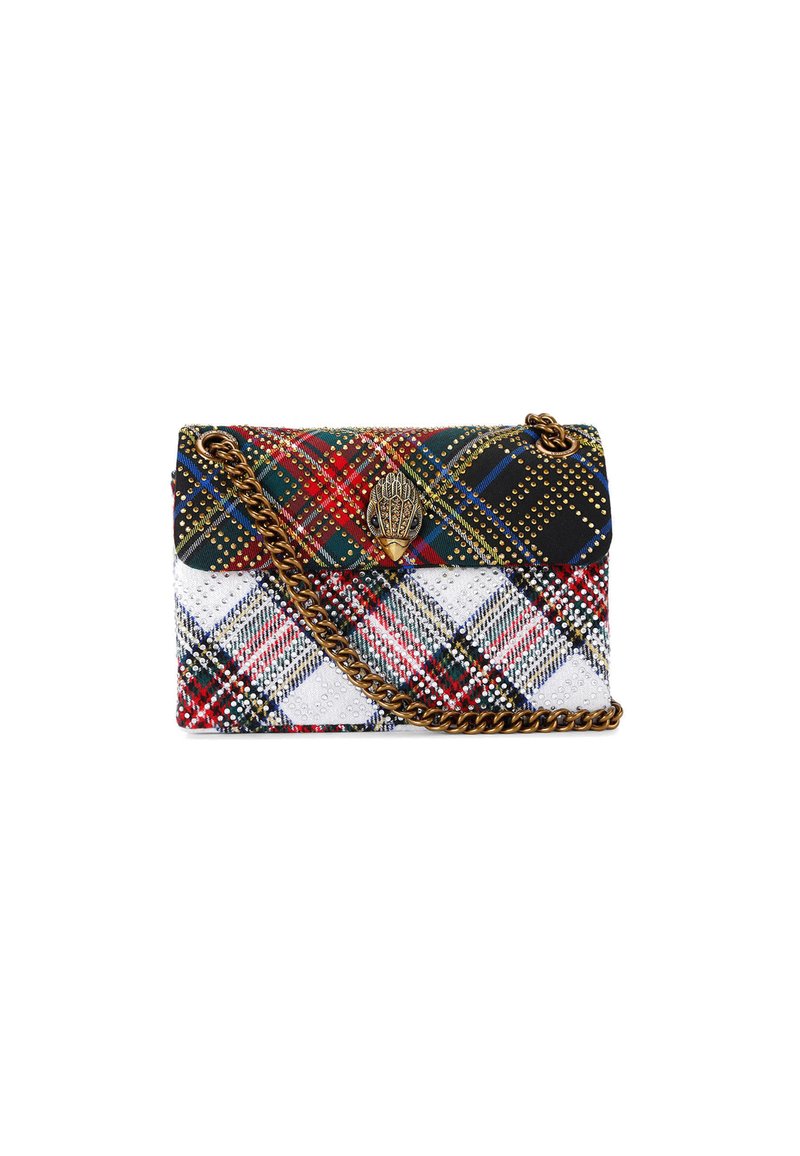 Borsa a tracolla a quadri con tessuti multicolori, tracolla in catena color oro e dettagli decorativi in borchie. Forma rettangolare compatta con chiusura a pattina.