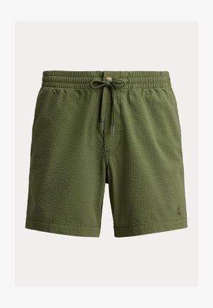 Grønne teksturerte badeshorts med elastisk midjebånd, snor og en liten logo på nedre front.