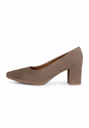 Zapato de mujer de ante marrón con puntera puntiaguda y tacón grueso de altura media sobre un fondo blanco.