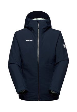 Marineblaue, wasserdichte Jacke mit Kapuze, durchgehendem Reißverschluss, Mammut-Logo auf der Brust und dem Ärmel, isolierte Innenauskleidung.