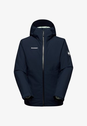 Navy blue waterproof jacket with hood, full front zipper, Mammut logo on chest and sleeve, insulated interior lining.