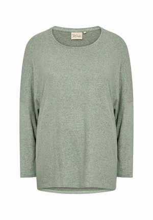 Jasnozielona bluzka z długim rękawem, wykonana z miękkiego, teksturowanego materiału. Posiada okrągły dekolt oraz luźny krój z delikatnie zakrzywionym dołem.