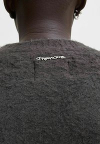 Bagfra af en person iført en blød mørkegrå sweater med et lille hvidt "Project Core" logo øverst på ryggen.