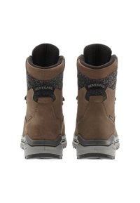Stivali da trekking in suede marrone con accenti in tessuto grigio scuro. Il design robusto presenta un collare imbottito e una suola in gomma testurizzata per una migliore aderenza.