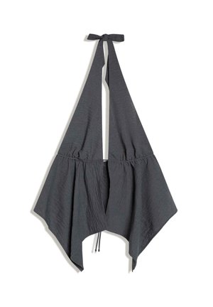 Dark gray halter top with wide, flowing lower panels and a tie closure at the neck, made of textured fabric.