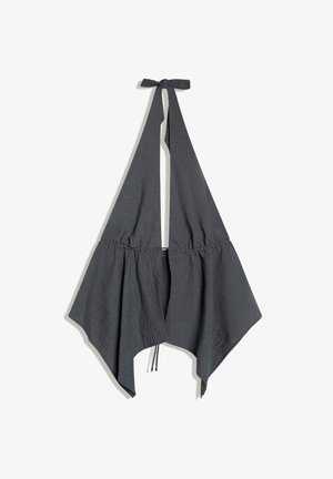 Dark gray halter top with wide, flowing lower panels and a tie closure at the neck, made of textured fabric.