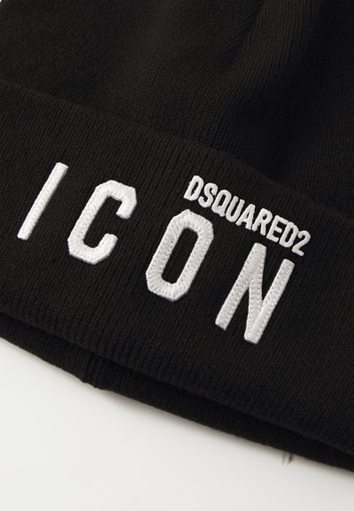 Mustra musta kootud beanie valge tikandiga tekstiga "DSQUARED2 ICON", ribatekstuuriga ja sobiva disainiga.