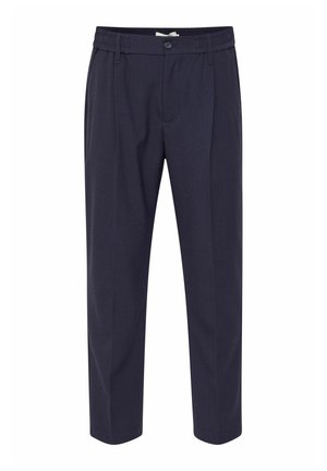 Marineblaue, maßgeschneiderte Hose mit elastischem Bund, die über Falten und seitliche Taschen verfügt. Aus einem strukturierten Stoff gefertigt. Gerade Passform.
