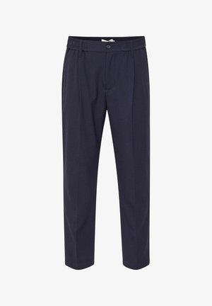 Navy, tailored trousers with an elastic waistband, featuring pleats and side pockets. Made from a textured fabric. Straight-leg cut.