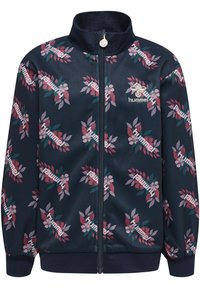 Marineblå zip-up jakke med blomster mønstre i pink og grøn. Lavet af glat stof, med ribbede manchetter og høj krave.
