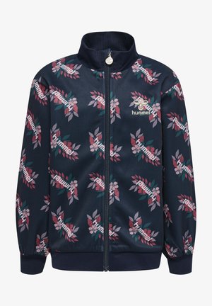 Navy zip-up jacket with floral patterns in pink and green. Made of smooth fabric, featuring ribbed cuffs and a high collar.