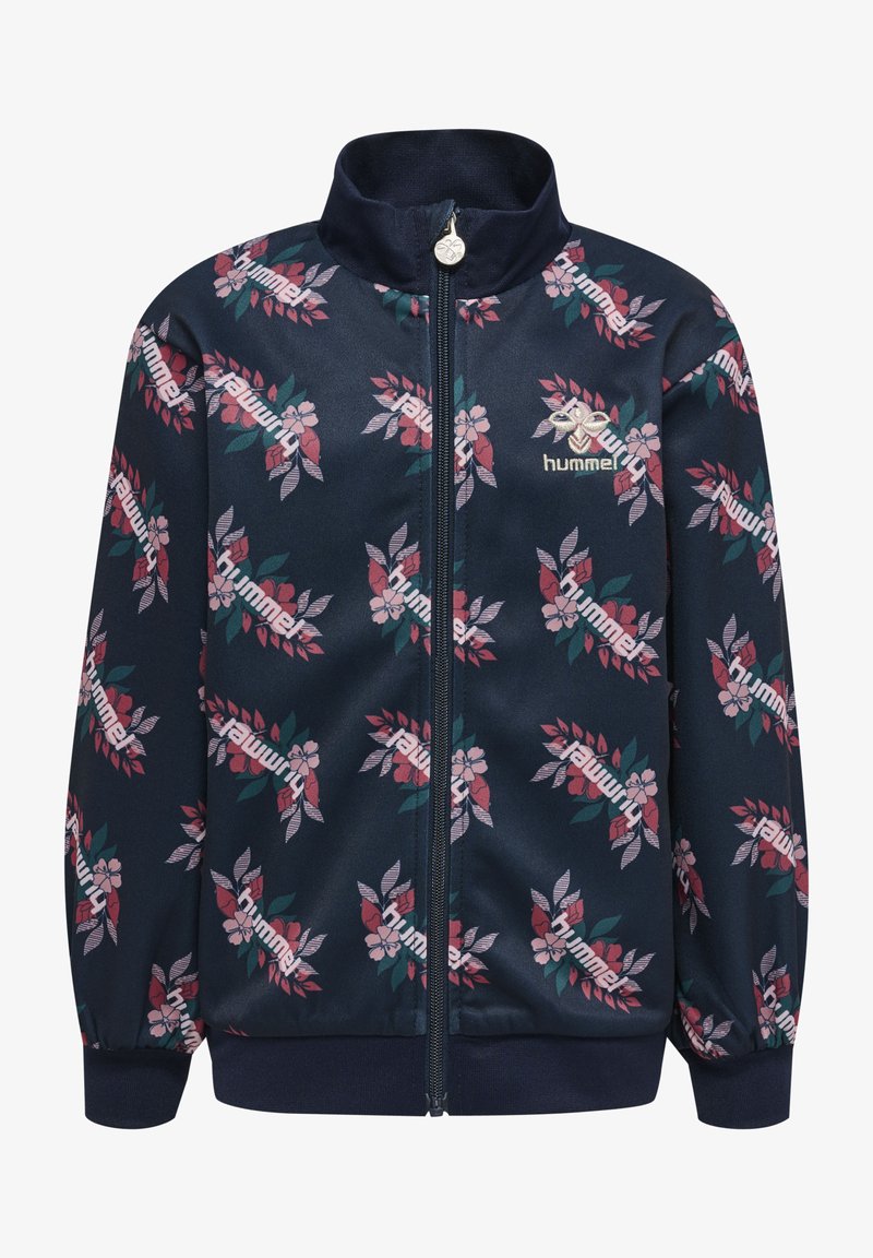 Marineblaue Zip-Jacke mit floralen Mustern in Pink und Grün. Hergestellt aus glattem Stoff, mit gerippten Bündchen und hohem Kragen.
