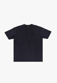 Schwarzes T-Shirt mit kurzen Ärmeln aus Baumwolle, runder Ausschnitt, mit einem dezenten Logo in tonalem Design auf der Vorderseite.