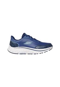 Zapatillas de running para hombre en malla azul oscuro con una entresuela moteada blanca, que cuentan con una puntera lisa y un logotipo prominente en el costado.