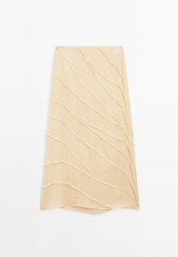 Jupe en lin beige avec une texture ondulée et des bords effilochés, présentant des détails de couture en relief qui créent un design fluide.
