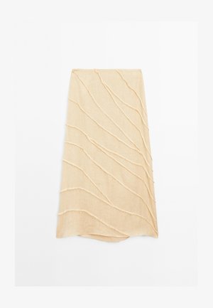 Beige Leinenrock mit gewellter Textur und fransigen Kanten, der erhöhte Stichdetails aufweist, die ein fließendes Design erzeugen.