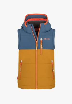 Farbblockierte Weste mit blauem Oberteil und gelbem Unterteil. Ausgestattet mit Kapuze, mehreren Reißverschlusstaschen und kontrastierenden orangefarbenen Akzenten.