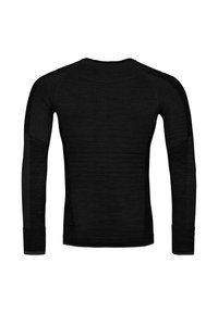 Black long-sleeve shirt with a fitted design, ribbed texture, and raglan sleeves. Features a crew neck and minimalistic style.