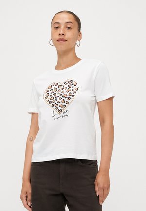 White cotton t-shirt featuring a large heart-shaped design with colorful patterns, accompanied by the text "Love never fails" in black.