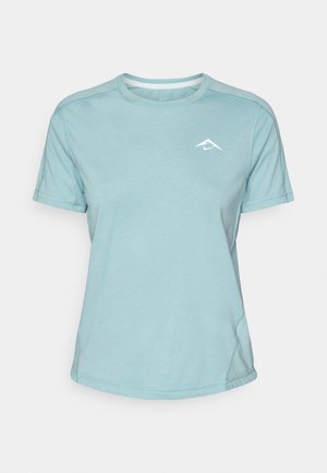 Light blue short-sleeve t-shirt made of soft fabric, featuring a round neckline and a small white logo on the chest. Seam detailing visible.