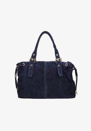 Borsa in suede blu navy con due manici corti, dettagli in metallo dorato e cordoncini laterali. Textura liscia e forma strutturata.