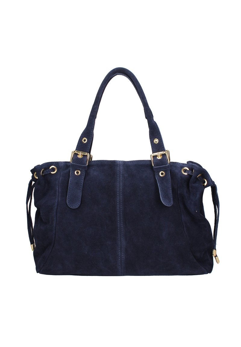 Sac à main en daim bleu marine avec deux anses courtes, accents en matériel doré et détails de cordon de serrage sur les côtés. Texture lisse et forme structurée.