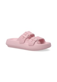 Pink rubber slide sandal with two adjustable buckles, textured surface, open-toe design, and raised edges for stability.