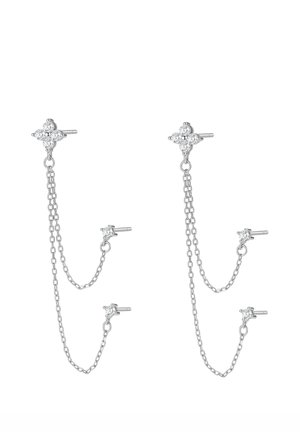 Silver stud earrings with four small diamond clusters connected by fine chains to two smaller diamond studs each.