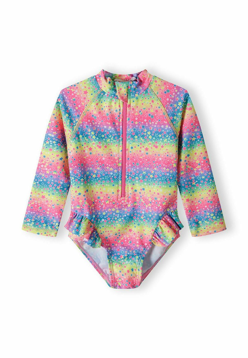 Maillot de bain à manches longues avec un motif d'étoiles colorées en rose, bleu et vert, doté d'une fermeture éclair à l'avant et d'accents volants sur les côtés.