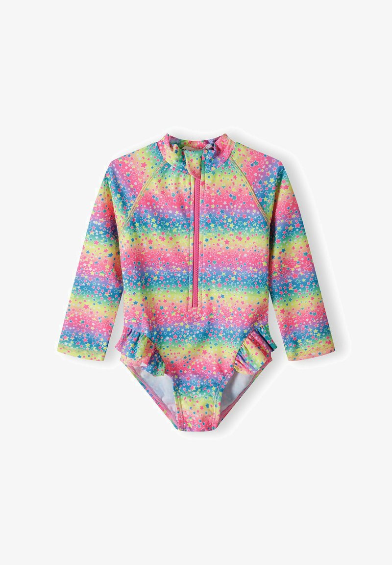 Langarm zwemkleding met een kleurrijk sterrenpatroon in roze, blauw en groen, voorzien van een rits aan de voorkant en gerimpelde accenten aan de zijkanten.