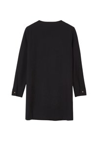 Schwarze Tunika mit langen Ärmeln aus weichem Stoff und rundem Halsausschnitt. Verfügt über goldene Knopfdetails an den umschlagenen Ärmeln und einen lässigen Schnitt.