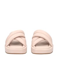 Slip-on sandaler i ljusrosa läder med tvärgående remdesign, platt sula och en vadderad fotbädd, med en strukturerad yta.