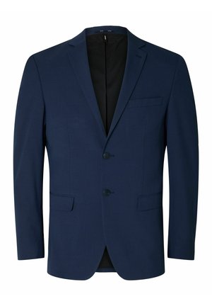 Blazer bleu marine en tissu lisse, avec un col cranté, une fermeture à deux boutons et deux poches sur les côtés. Design simple et ajusté.