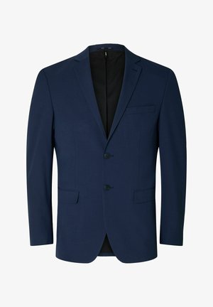Blazer blu navy realizzato in un tessuto liscio, con rever a punta, chiusura frontale a due bottoni e due tasche laterali. Design semplice e su misura.