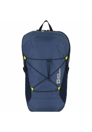 Blue nylon backpack with a streamlined shape, black accents, bungee cord system on the front, and a logo displayed on the side.
