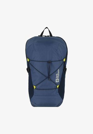 Blauer Nylon-Rucksack mit aerodynamischer Form, schwarzen Akzenten, einem Bungee-Seilsystem an der Vorderseite und einem auf der Seite sichtbaren Logo.