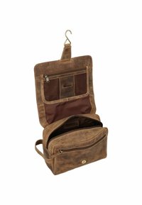 Portaoggetti in pelle marrone con più scomparti, una tasca con zip e un gancio per appenderlo. Superficie testurizzata e design robusto.