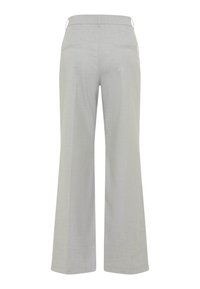 Lysegrå bukser med vide ben i tekstureret stof, med to baglommer og et klassisk taljebånd.