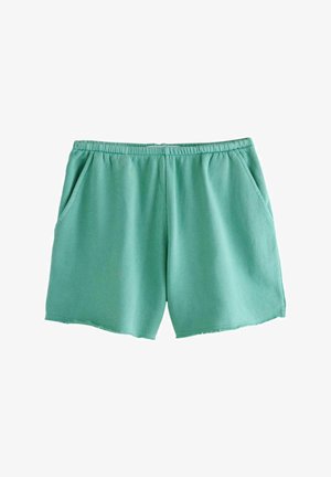 Green cotton shorts with an elastic waistband, side pockets, a relaxed fit, and raw hem details for casual wear.