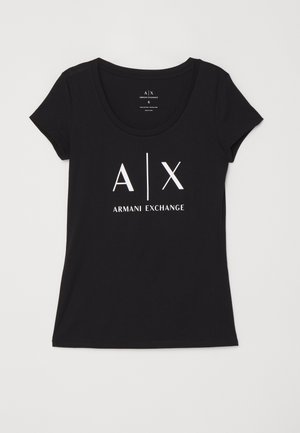 Juodasis trumpas rankovėmis T-shirt, pagamintas iš medvilnės, su baltu A|X logotipu ir tekstu "ARMANI EXCHANGE" apvalaus kaklo dizainu.