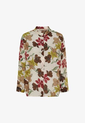 Langærmet skjorte med blomstermønster i rød, grøn, brun og creme farver. Har en knaplukning fortil og en krave.