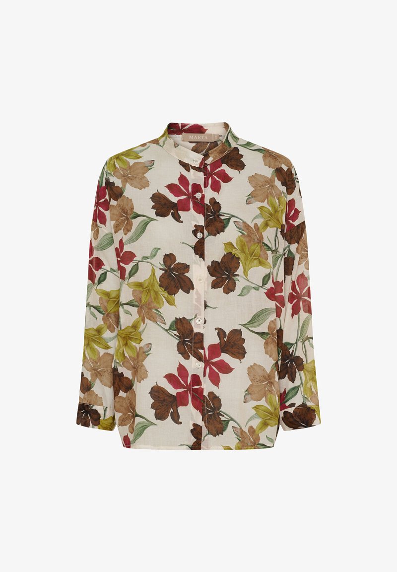 Langærmet skjorte med blomstermønster i rød, grøn, brun og creme farver. Har en knaplukning fortil og en krave.