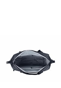 Borsa da viaggio nera con ampia apertura, tessuto resistente e interno grigio. Include una tasca interna con cerniera e chiusura sicura con ferrature.