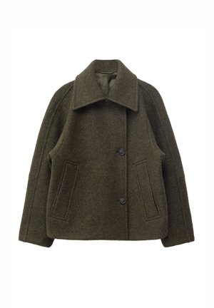 Olive green wool coat with a wide collar, two front pockets, and a button closure. Structured shape with a textured fabric.