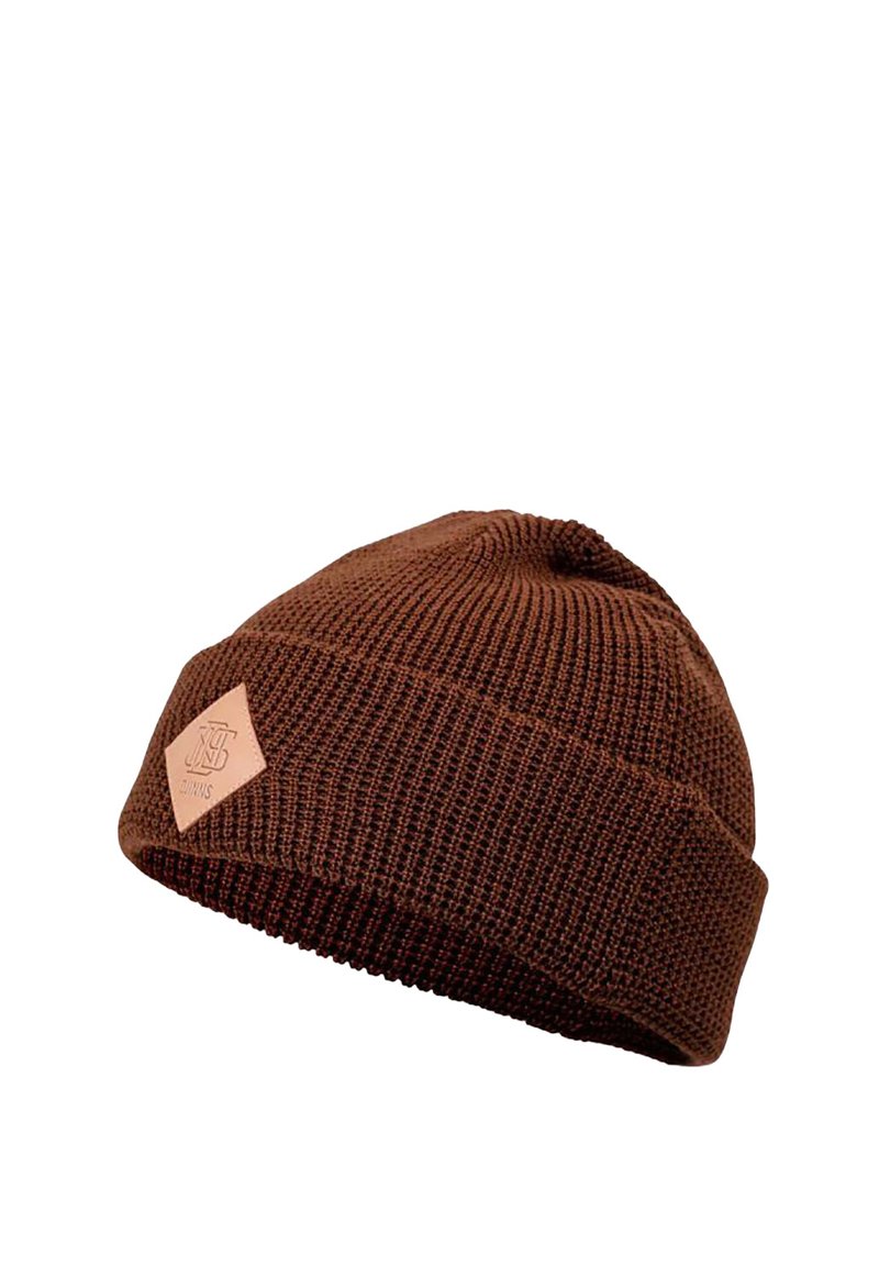 Brown knitted beanie with textured pattern, featuring a folded cuff and a small diamond-shaped leather patch accent.