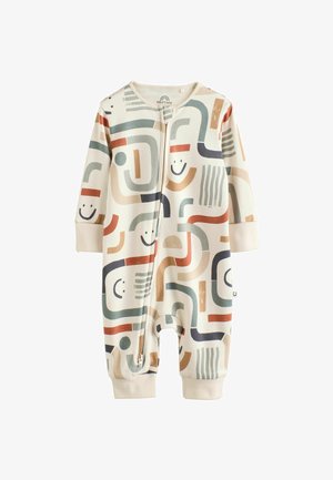 Pikad varrukad ja pehmest kreemjas riidest bodi, millel on abstraktsed värvilised kujundid, jooned ja naeratavad näod. Keskel on lukku ja mansetiga varrukad.