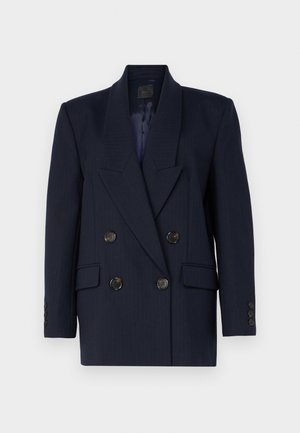 Sötétkék, kétsoros zakó csúcsos hajtókákkal, tűcsíkos mintával, két elülső zsebbel és hat fekete gombbal. Sötét színű bélés.